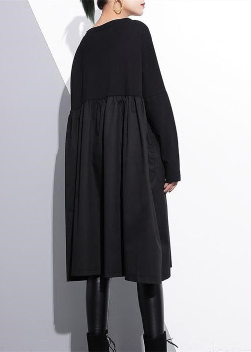 stilvolles schwarzes Baumwollkleid in Übergröße, elegantes Kleid aus Baumwolle mit hohem Taillenschnitt, Patchwork-Baumwollkleid
