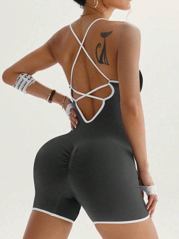 Damen Kontrastfarbe Kreuzrücken Jumpsuit