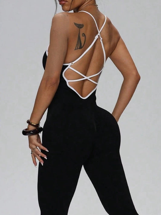 Damen Kontrastfarbe Kreuzrücken Jumpsuit