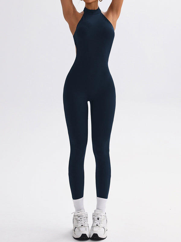 Damen Rückenfreies Halter Deep V Rücken Jumpsuit