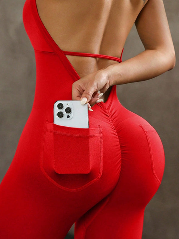 Damen Jumpsuit mit tiefem V-Ausschnitt, rückenfrei und mit Taschen