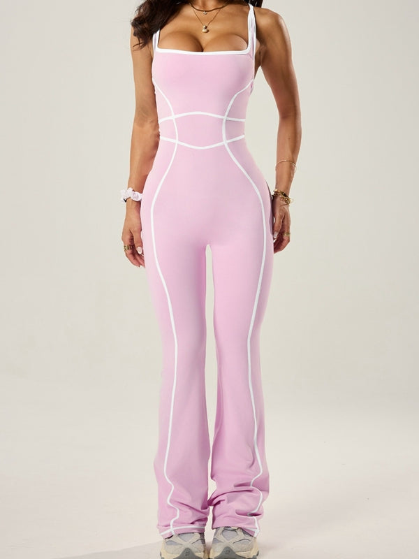 Damen Sexy Kontrastfarbe Streifen Kreuzrücken Flare Jumpsuit