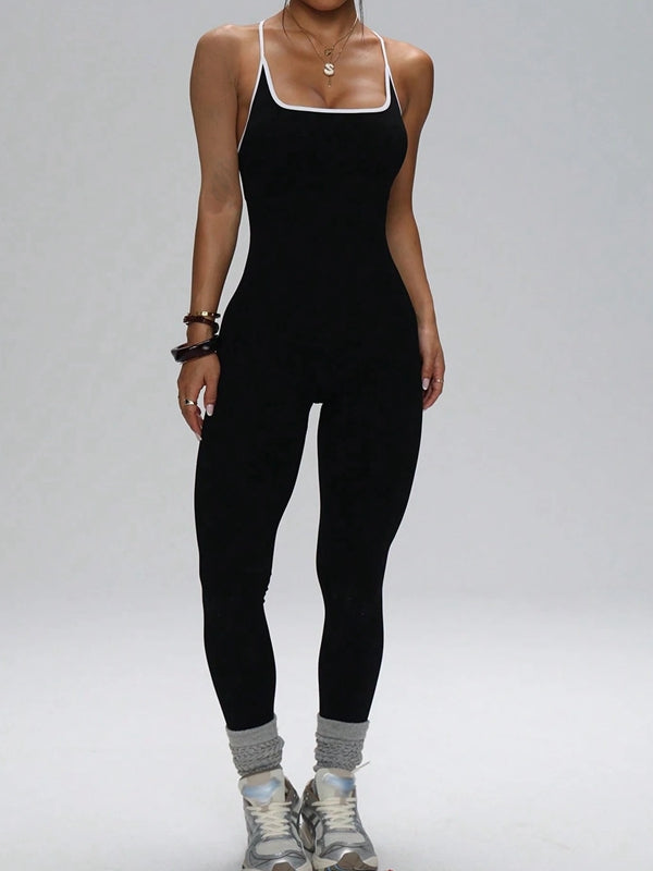 Damen Kontrastfarbe Kreuzrücken Jumpsuit