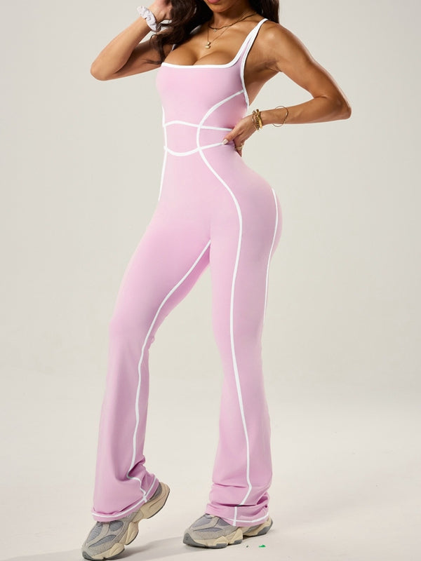Damen Sexy Kontrastfarbe Streifen Kreuzrücken Flare Jumpsuit