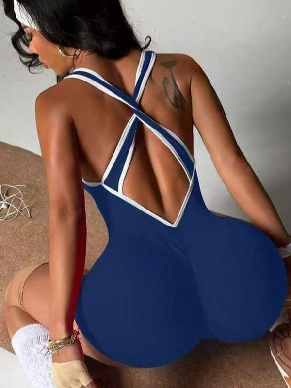 Damen Kurzoverall mit Kreuzrücken und Streifen