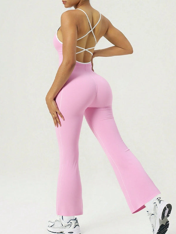 Damen Sexy Kontrastfarbe Streifen Kreuzrücken Flare Jumpsuit